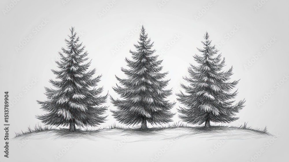 Obraz premium Three realistic pencil sketches of evergreen trees