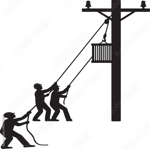Silhouette of Workers Installing Transformer on Electric Pole with Ropes.