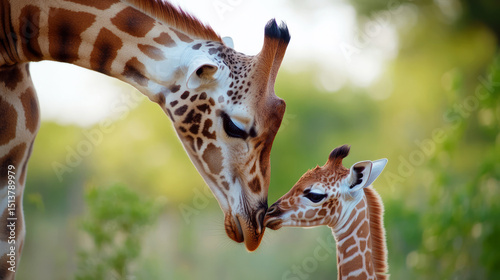 Tender Moment between Mother Giraffe and Baby Giraffe in Natural Habitat under Soft Sunlight
