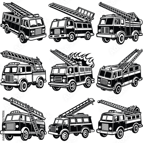 Firefighter truck ladder silhouette vector illustration isolated on white background.