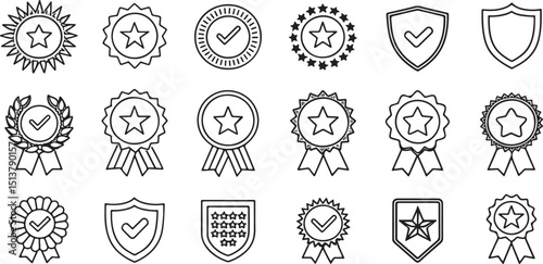 Award Badges and Ribbons Line Icons Set – Vector Outline Style Medals, Shields, and Trophies