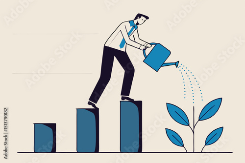 Economic recover from money stimulus, leadership to grow business, investment growth or profit and earning concept, businessman leader standing on profit bar graph watering this year growing bar chart