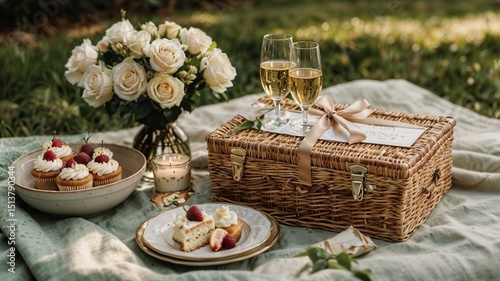 Charming flat lay of a romantic date picnic, featuring a beautifully sliced cake with lit candles, delicate white roses, and champagne flutes elegantly placed on the picnic blanket. Soft natural ligh