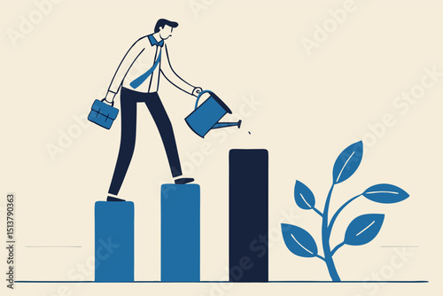 Economic recover from money stimulus, leadership to grow business, investment growth or profit and earning concept, businessman leader standing on profit bar graph watering this year growing bar chart