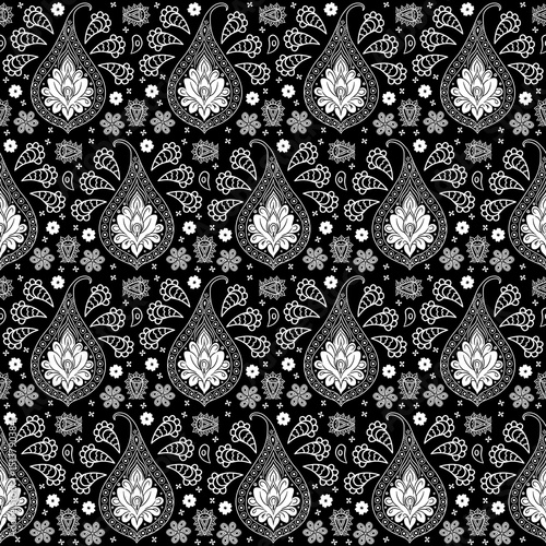Paisley floral black white pattern.Traditional seamless persia boteh,buta,zoroastrianism.Bohemian,hippie vector abstract style.Designs for print,fabric,clothing,wrap,scarf,bandana,pillows,decoration.