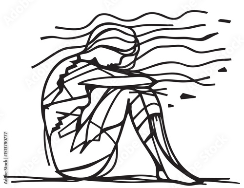Continuous line drawings of young woman feeling sad, tired and worried about suffering from depression in mental health. problems, anorexia