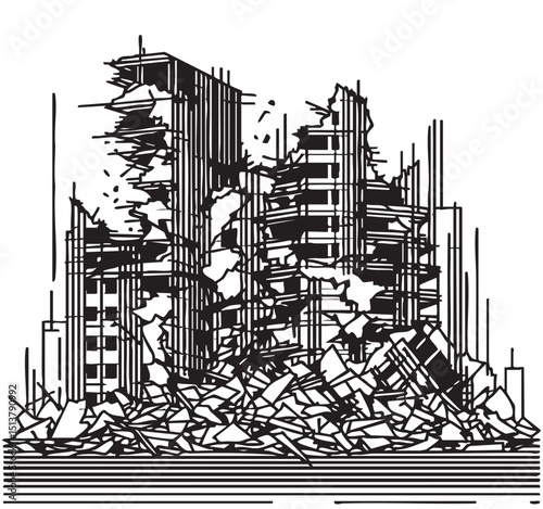 Pen and ink sketchy hand drawing of modern city street destroyed by war, riot or disaster.