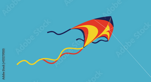 Colorful kite flying against a blue sky background  