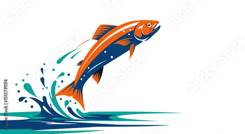 Colorful fish leaping out of water with splashes in a modern style  