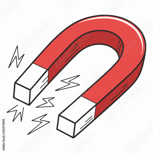 Red horseshoe magnet, a 3D isolated metal object and symbol of magnetic attraction on a white background