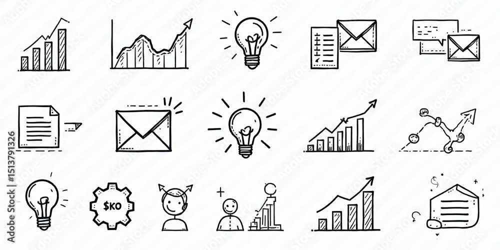 Fototapeta premium Hand-Drawn Doodle Business Icons – Sketch Style Vector Set for Presentations 
