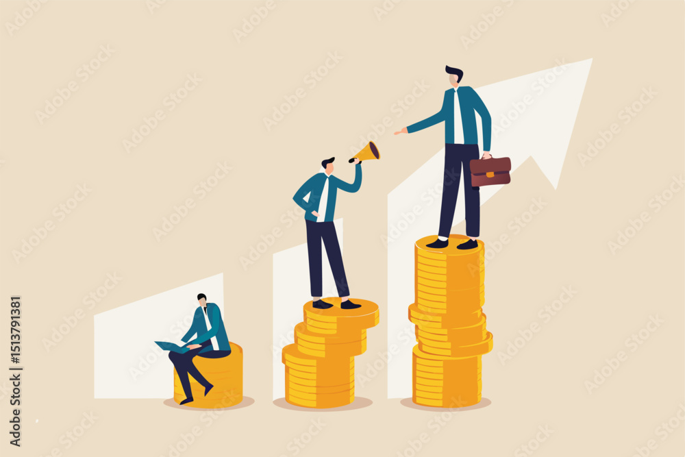 Income gap, inequality revenue in capitalism or career development to earn more income, middle income trap concept, businessman poor, middle and rich worker standing on stack of their wealth coins.