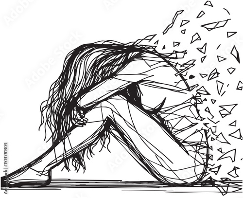 Continuous line drawings of young woman feeling sad, tired and worried about suffering from depression in mental health. problems, anorexia