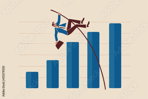 Business growth, improvement or high percentage increase of earning and profit, financial achievement after economic recovery concept, businessman jumping pole vault over growth bar graph.