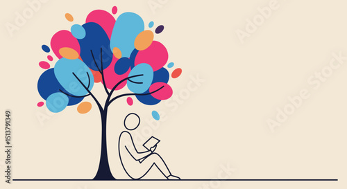 Silhouette of person reading under colorful abstract tree illustration  