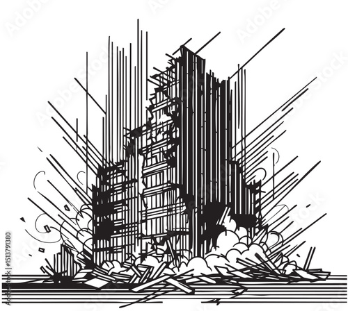 Pen and ink sketchy hand drawing of modern city building destroyed by war, riot or disaster.