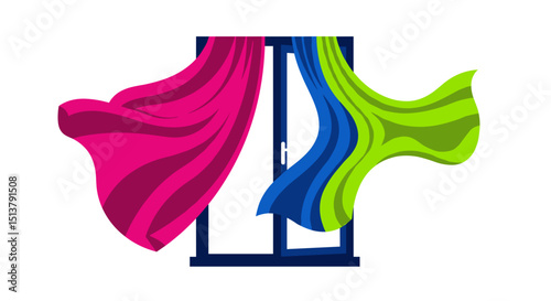 Colorful curtains flowing by an open window in a bright setting  