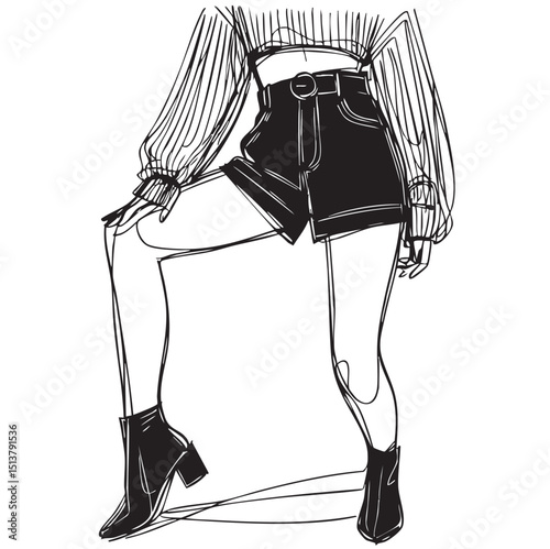 Fashion model, posing, woman, vector illustration. Summer fashion outfit sketch illustration