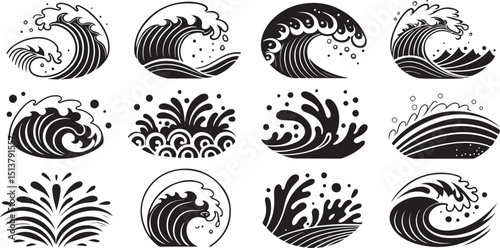 Vintage Japanese Ocean Wave Vector Set – Hand-Drawn Surf and Sea Clipart Collection