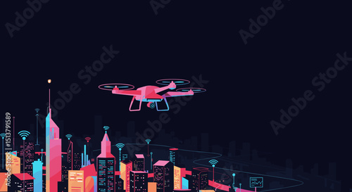 Drone flying above a colorful urban skyline at night  