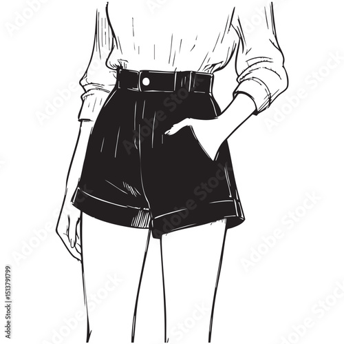 Fashion model, posing, woman, vector illustration. Summer fashion outfit sketch illustration