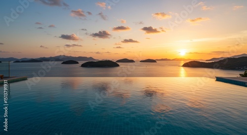 Infinity Pool Sunset Over Island Paradise 2025-05-19 - Tranquil sunset view from an infinity pool overlooking a serene island seascape. Symbolizing peace, luxury, escape, relaxation, and paradise