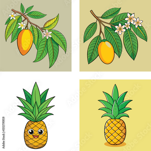 Cartoon Illustration Of Mangoes On A Branch And Cute Pineapple