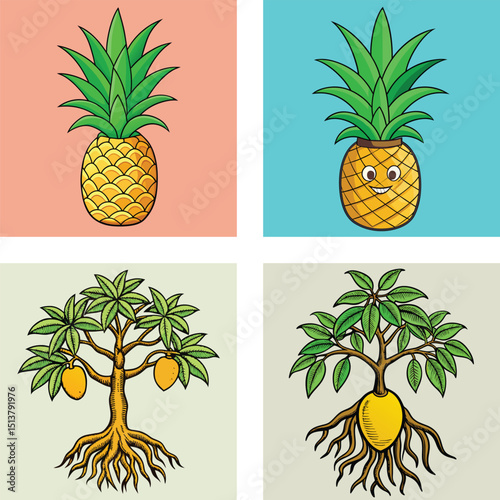 Cartoon Illustrations Of Pineapples And Mango Trees On Colored Backgrounds