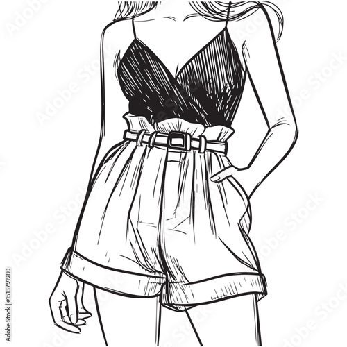 Fashion model, posing, woman, vector illustration. Summer fashion outfit sketch illustration