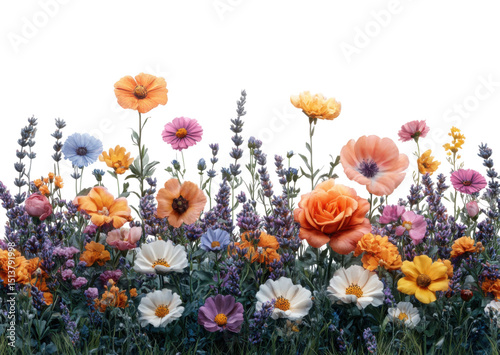 A field of flowers with a variety of colors including purple, yellow, and orange