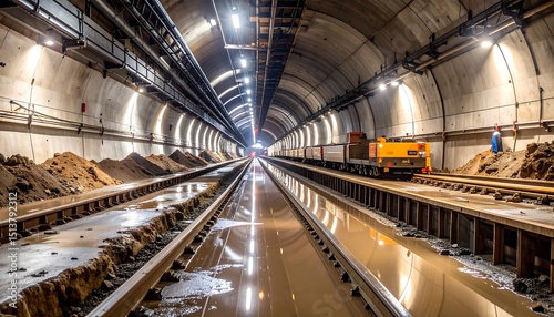 Underground Tunnel Construction Site Featuring Tracks Equipment and Reflection