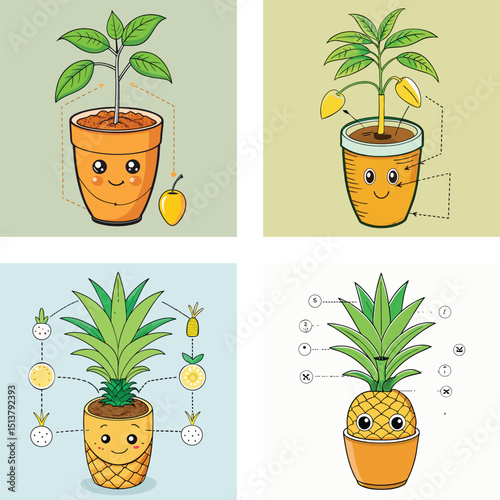 Cartoon Plants And Pineapple Growing Stages In Flower Pots Illustration