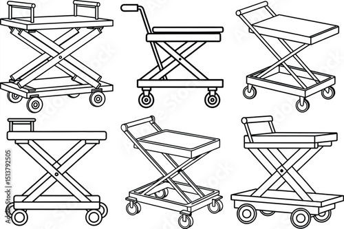 Hydraulic scissor trolley outline vector illustration isolated on white background.