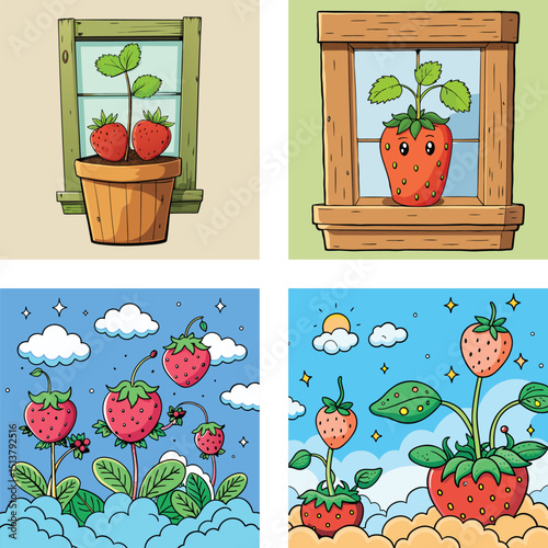 Cartoon Strawberry Plants Growing Fresh Fruits Vector Art Illustration Collection