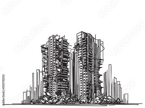 Abstract high-rise destruction building sketch. Destroyed