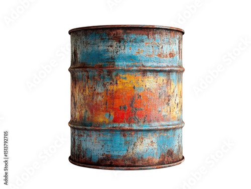 A rusted, old, blue barrel with a yellow stripe