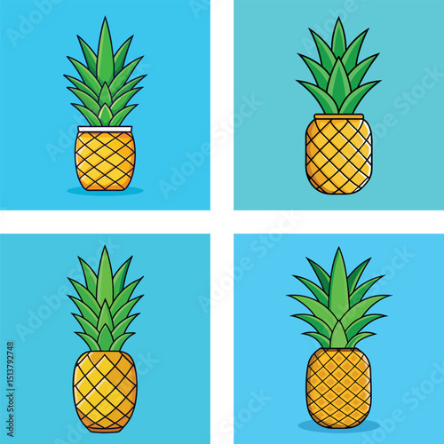 Four Cartoon Pineapple Illustrations On A Blue Background Fresh And Summery