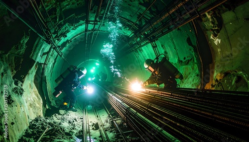Two Divers Exploring Illuminated Underwater Tunnel with Green and Golden Light