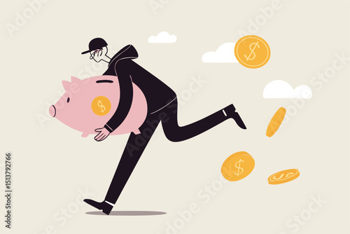 Financial crime, stealing money, investment risk or banking security concept, young man with black mask bandit costume or thief stealing or carrying wealthy piggy bank away with dollar coins falling.