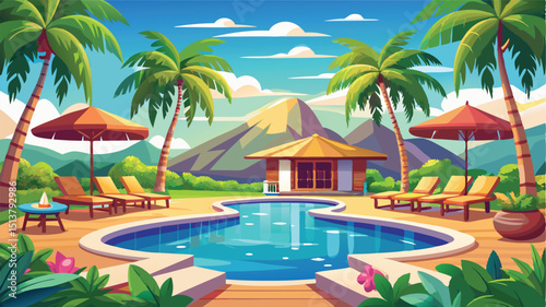 Tropical resort swimming pool with palm trees and a luxury sky-blue ocean view perfect for a summer vacation