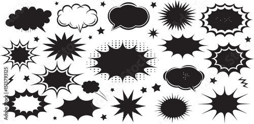 Comic Speech Bubble and Explosion Shape Set – Black Silhouette Vector Icons