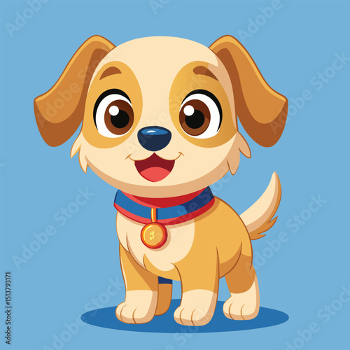 Adorable cartoon illustration of a smiling puppy dog with a colorful collar on a blue background