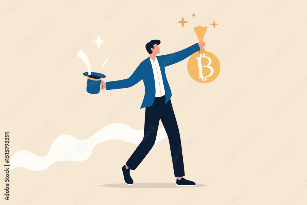 Bitcoin mining, high price bitcoin cryptocurrency concept, businessman successfully pull shiny Bitcoin with rabbit ears from magician hat. Bitcoin mining, high price bitcoin cryptocurrency concept, businessman successfully pull shiny Bitcoin with rabbit ears from magician hat.