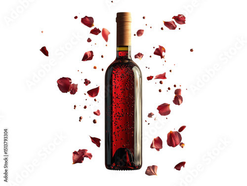 A bottle of red wine with a cork stopper