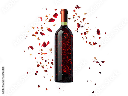 A bottle of red wine with a red label and a green cap