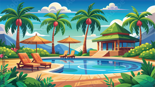 Tropical resort swimming pool with palm trees and a luxury sky-blue ocean view perfect for a summer vacation