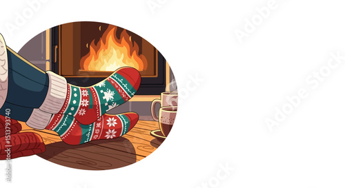 Cozy Winter Scene Relaxing by the Fireplace with Warm Socks and Hot Drink