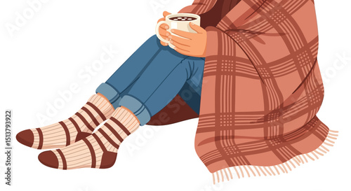 Cozy Winter Day Person Relaxing with Warm Drink Under Blanket