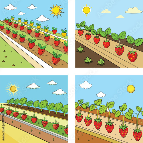 Strawberry Farm Illustration Vector Set Sunny Day Blue Sky Clouds