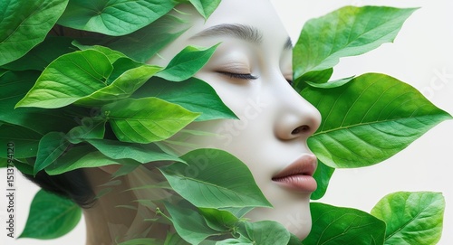 Double Exposure Portrait with Green Leaves Serene Human Nature Blend in Ethereal Style
